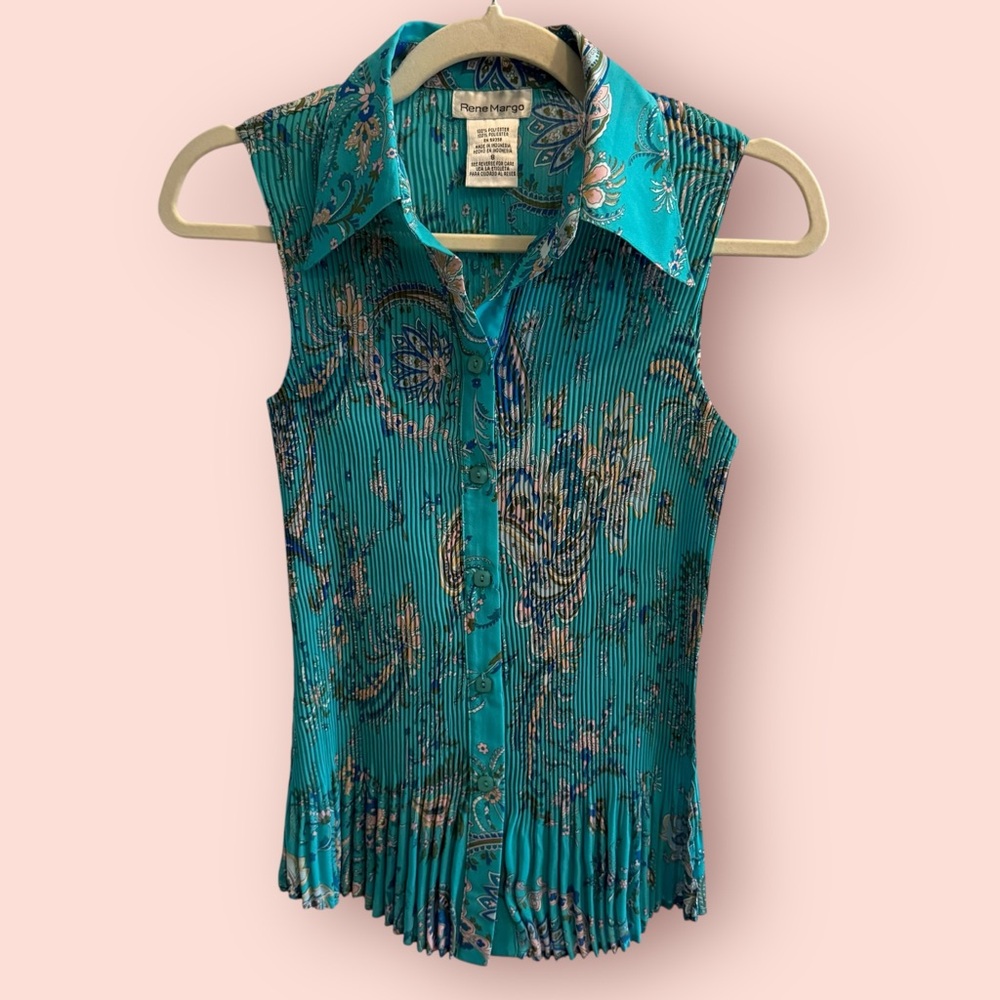 Vintage Rene Margo Pleated Sleeveless Blouse Teal Paisley Button Front